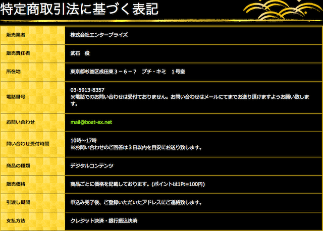 エキサイトボートの特商法の表記