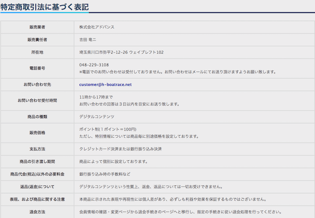 必勝モーターボートの特商法の表記