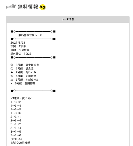 競艇予想NAVIの無料予想21/01/21