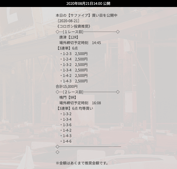 競艇ダイヤモンドの有料予想20/08/21