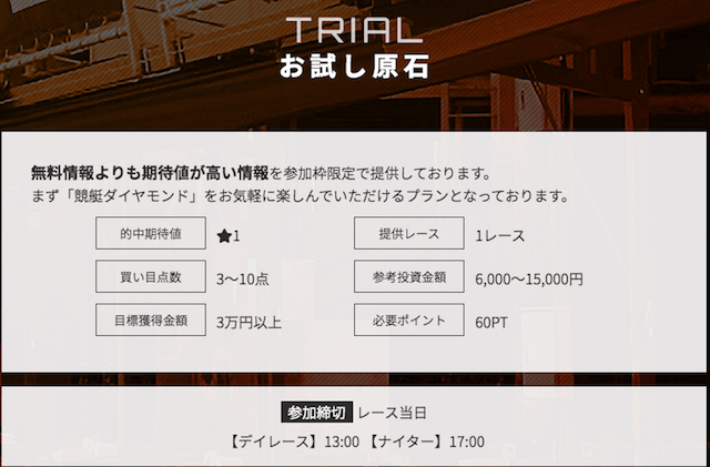 競艇ダイヤモンドの有料プランお試し原石について