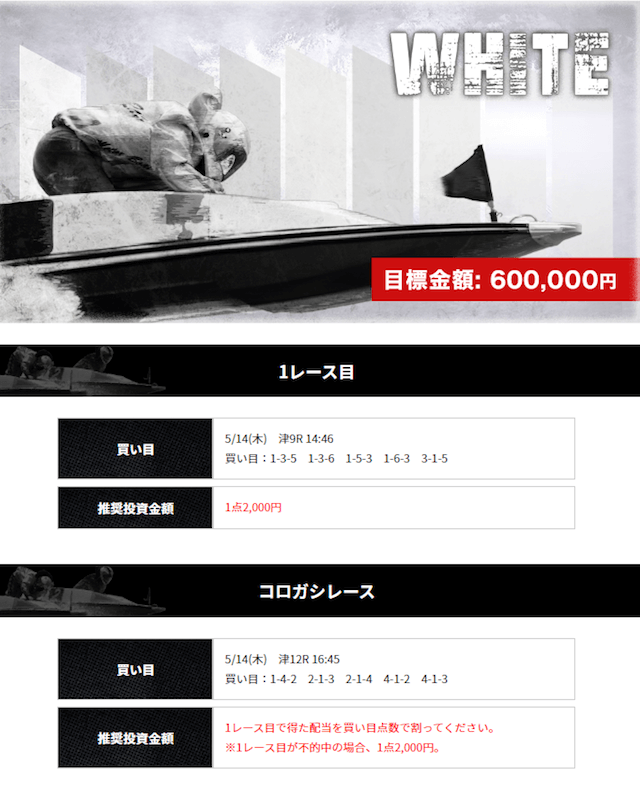 競艇ライナーWHITEの買い目5/14