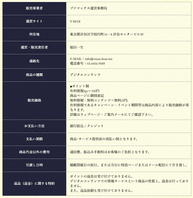 VMAXの特定商取引法に基づく表記について
