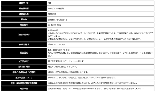 ピット(PIT)の特定商取引法に基づく表記について
