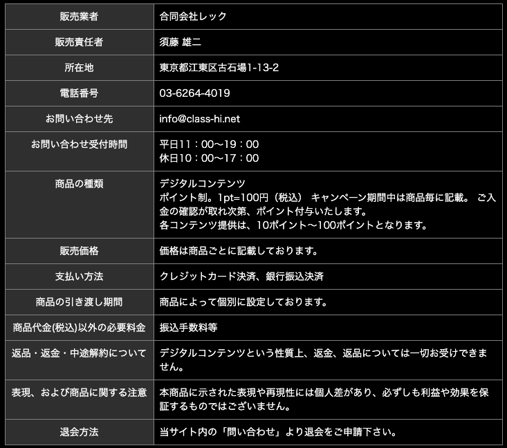 黒舟の特定商取引法に基づく表記について