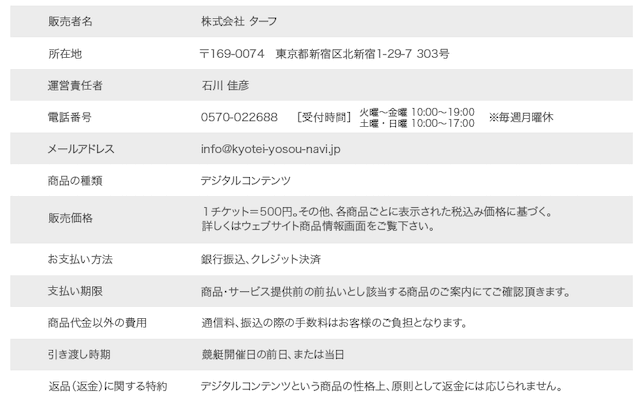 競艇予想ナビの特定商取引法に基づく表記について