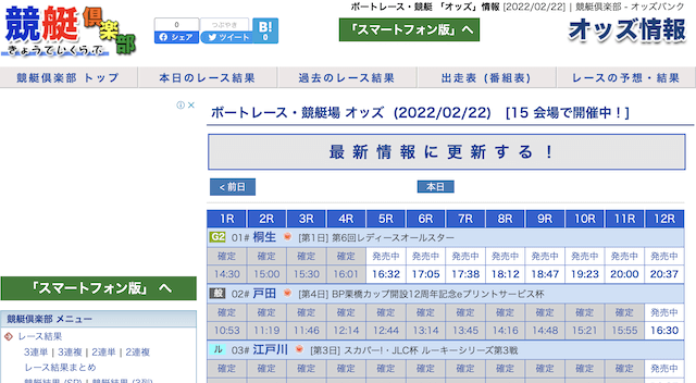 競艇倶楽部のコンテンツ「オッズ」