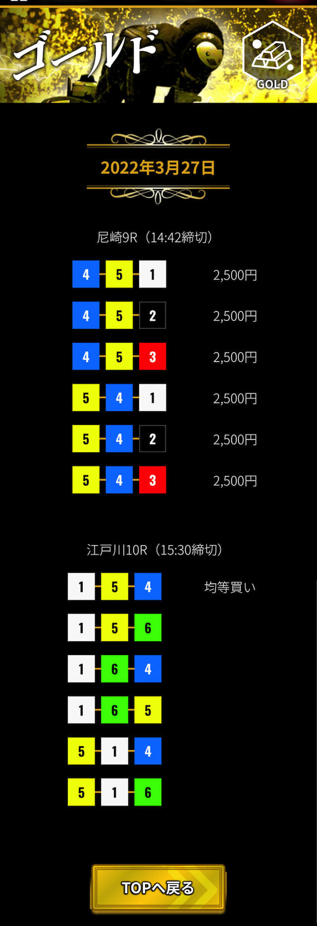 競艇ゴールドの有料予想「ゴールド」買い目