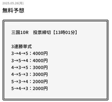 タイガーボート2025年5月26日無料予想三国10R