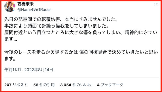 西橋奈未Twitter怪我投稿