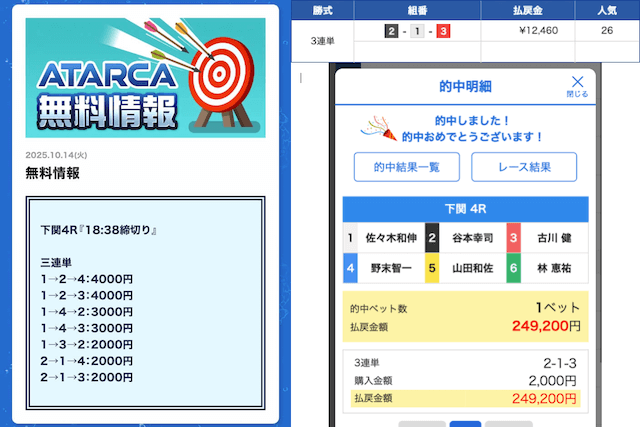 競艇アタルカ　10月14日　的中