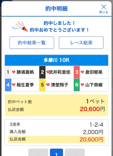 船客万来 6月1日多摩川10R無料予想 的中