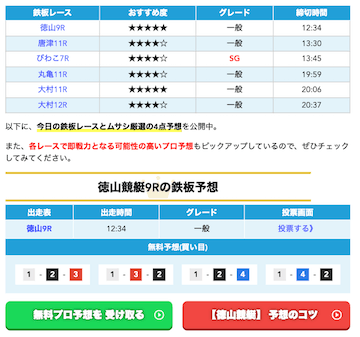 ボートレース予想の達人『ムサシ直伝本日の鉄板レース予想』のサンプル